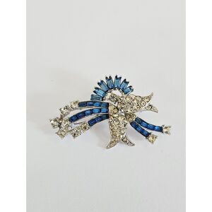 Vintage 1950's Signed Wiesner Coro Blue Clear Rhinestone Rhodium Bird Brooch Pin